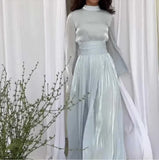 Robe longue à col français d'automne - Design élégant à taille pliée
