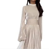 Robe longue à col français d'automne - Design élégant à taille pliée